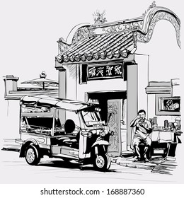 Vektorgrafik - Tuk Tuk Tulk-Fahrer frischt an der Tür eines chinesischen Tempels in Bangkok