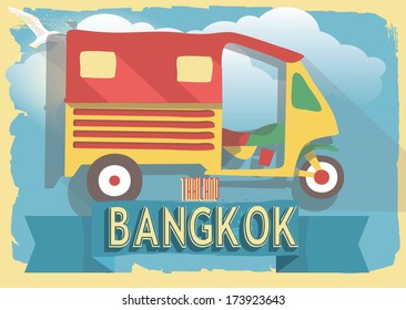 vector illustration tuk tuk of thailand bangkok on retro style poster or postcard.