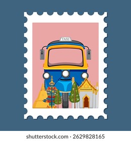 Vector illustration of a tuk-tuk with iconic Thai landmarks, vibrant colors, and detailed composition on a stamp-like frame