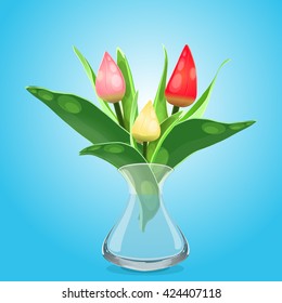 Vector illustration of a tulip in a cartoon style. Lively bouquet in a vase with water. All parts are separated from each other.