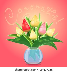 Vector illustration of a tulip in a cartoon style. Set of flowers standing in a vase with water. All parts are separated from each other. Using the design elements.