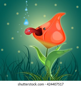 Vector illustration of a tulip in a cartoon style. Cheerful flower emotional thirsty drops of dew. The use of separate elements in the design. 