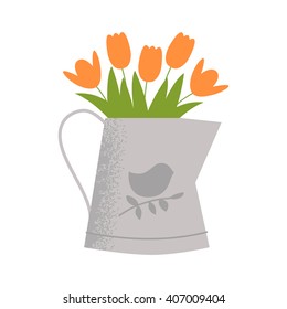 Vector illustration of tulip in cute retro flat cartoon style. Icon of plant in pot for design card, postcard, magazine, logo for shop, store, scrapbook