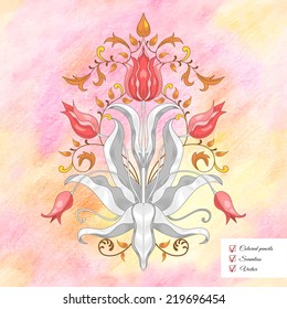 Vector illustration. Tulip flower element to create a floral ornament. Elegant decor with leaves. Seamless delicate colored pencil background. Hand drawing.