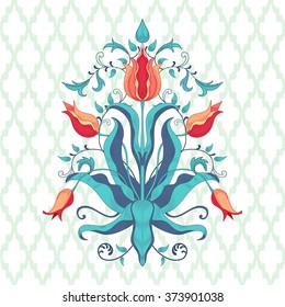 Vector illustration. Tulip flower element to create a floral ornament. Seamless Moroccan tiles pattern background. 