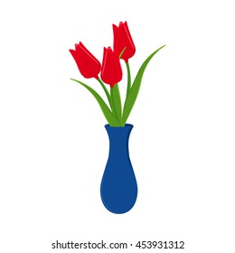 Vector illustration tulip flowers in blue vase isolated on white background. Red tulips. Spring flowers