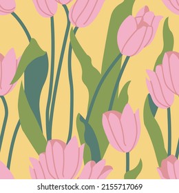 Vector illustration with tulip flowers. Floral wreath. Seamless pattern. Flowers background for cosmetics packaging
