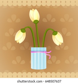 Vector illustration of tulip flowers in vase on brown background