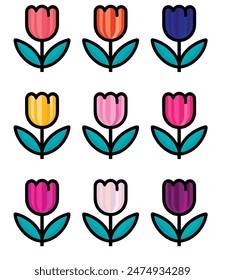 Vector illustration of tulip icons in different colors. Each tulip element is designed with vibrant hues, showcasing the beauty and diversity of these flowers. Perfect for use in digital designs.