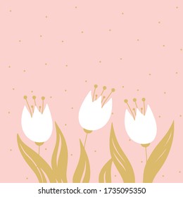 Vector Illustration A Tulip silhouette in white and gold, isolated on a pink background. Set of Tulip silhouettes for logo, graphic design, printing.