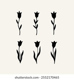 Ilustração vetorial de tulipa em estilo simples desenhado à mão e linocut. Ilustração vetor de contorno simples para cosméticos, cartão postal e padrão.