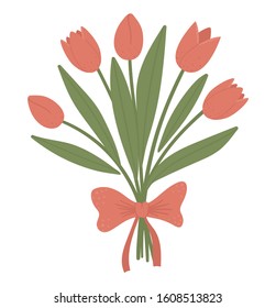Vector illustration of tulips bouquet with bow isolated on white background. Spring traditional symbol and design element