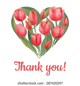 Vector illustration of tulips flowers in a heart shape. Watercolor drawing. Spring or summer design for invitation and greeting cards
