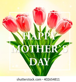  vector  illustration tulips on a yellow background and the words happy mother's day. tulips gradient mesh  