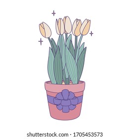 Vector illustration of tulips in a pot with bow. Flowers as a present.