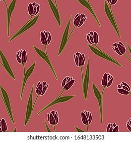 Vektorillustration mit Tulpen. Romantisches nahtloses Muster. Helle Blumen auf rosafarbenem Hintergrund. Für die Gestaltung von verschiedenen Druck, Textilien, Stoffen, Tapeten.