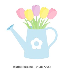 vector illustration of tulips in a watering can on white for banners, cards, flyers, social media wallpapers, etc.