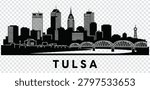 Vector illustration of the Tulsa, Oklahoma city skyline silhouette. Detailed urban cityscape graphic design featuring iconic buildings and landmarks.