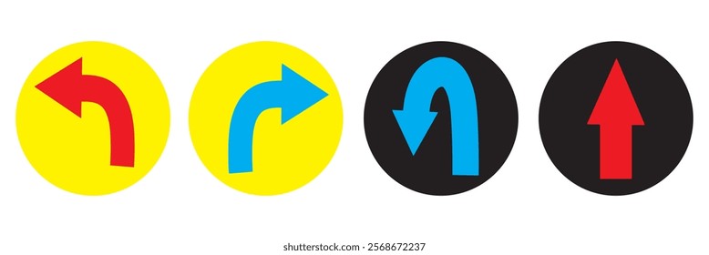 Vector illustration of tun arrows with curved and right-angle turns,color styles design.