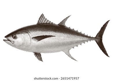 Vector illustration of tuna in black and white with vintage engraving style. Ideal for seafood labels, menus, and editorial design.  