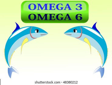 Vector illustration of tuna fish with omega 3 and omega 6 glassy button