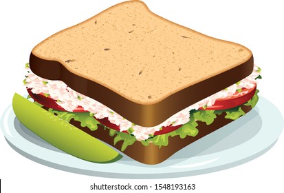 Vector illustration of a tuna fish sandwich on wheat bread with a pickle spear