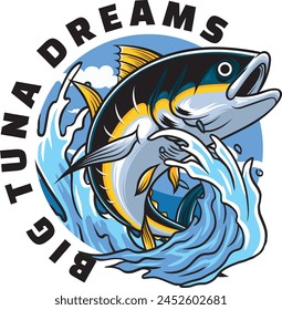 Vector Illustration of Tuna Fish and Waves with Vintage Illustration Available for Logo Badge
