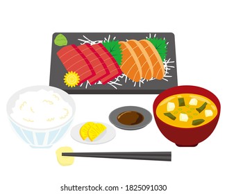 Vector illustration of tuna and salmon sashimi . Rice and miso soup