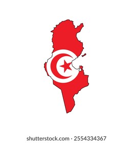 Vector illustration of Tunisia map overlaid with the national flag, highlighting the country's geographic outline combined with its national colors.