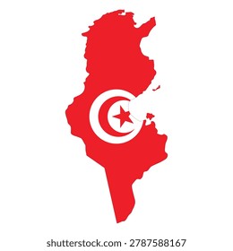 Vector illustration of Tunisia in the shape of its national borders, filled with the Tunisian flag colors. Clean flat design featuring red background with white circle, red crescent, and star emblem. Minimal geographic silhouette suitable for education, travel, and infographic use. Isolated scalable composition for digital and print projects.