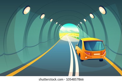 Vector illustration of tunnel with car, highway for vehicle. Grey asphalt with lighting in underground road. Hatchback rides for picnic in countryside, field with sky and mountains at the exit of way