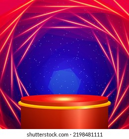 Ilustración vectorial fondo de túnel espiral con líneas de giro y podio rojo de la etapa brillante para el diseño