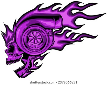 vector illustration of turbo engine with skull head and magenta flames