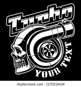 Vector illustration of turbocharger with skull. Street racing logo design on dark background. 