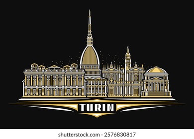 Vector illustration of Turin, dark horizontal card with linear design famous turin city scape on nighttime starry sky background, european urban line art concept with unique lettering for text turin