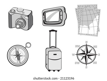 Vector illustration of turistic icons. Includes icons of photo camera, GPS, maps, compass, suitcase and wind rose.