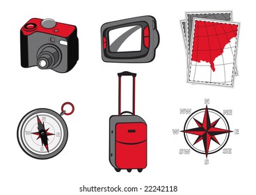 Vector illustration of turistic icons. Includes icons of photo camera, GPS, maps, compass, suitcase and wind rose.