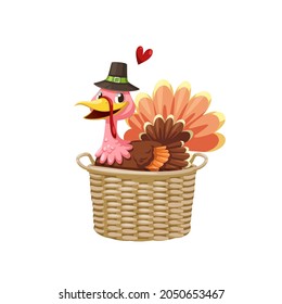 Vector illustration of turkey in basket in cartoon style. Happy thanksgiving vector concept.