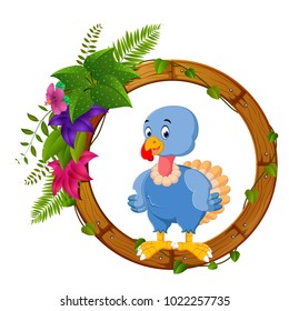 vector illustration of turkey bird on round wood frame