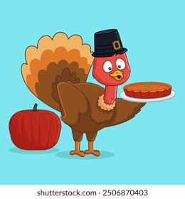 Ilustración vectorial de Pájaro de Pavo y Pastel de Calabaza. Feliz Día de Acción de Gracias.