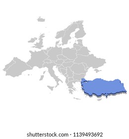 Vector illustration of Turkey in blue on the grey model of Europe map with zooming replica of country.