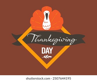 A vector illustration of a turkey emblem for Thanksgiving Day, featuring a stylized turkey and a festive ribbon, isolated on a brown background. Ideal for holiday decorations and designs.