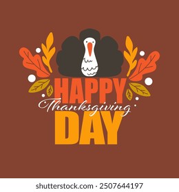 A vector illustration of a turkey emblem for Thanksgiving Day, featuring a stylized turkey and a festive ribbon, isolated on a brown background. Ideal for holiday decorations and designs.