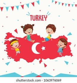 Vector Illustration Of Turkey Flag And Kids