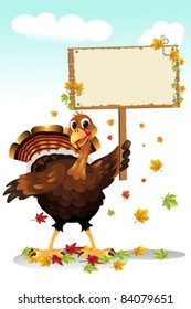 A vector illustration of a turkey holding a blank sign