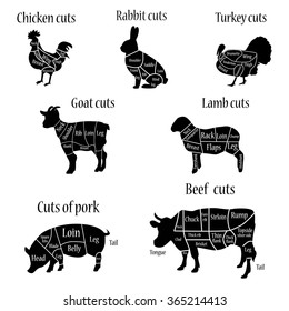 Vector illustration turkey and lamb, goat, chicken, rabbit, cow and pork cuts diagram or chart. Chicken,pork, cow black silhouette. Chicken, cow, pork cuts butcher 