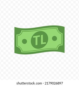 Vector illustration of Turkey Lira banknote in green color on transparent background (PNG).