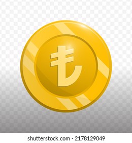 Vector illustration of Turkey Lira currency coin in gold color on transparent background (PNG).