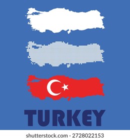 Ilustração vetorial de ícones de mapa Turquia em vários estilos em um fundo azul, ideal para projetos de viagens e geografia.
