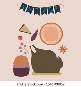 Vector illustration with turkey, pie and pumpkin gem, perfect to use on the web or in print
